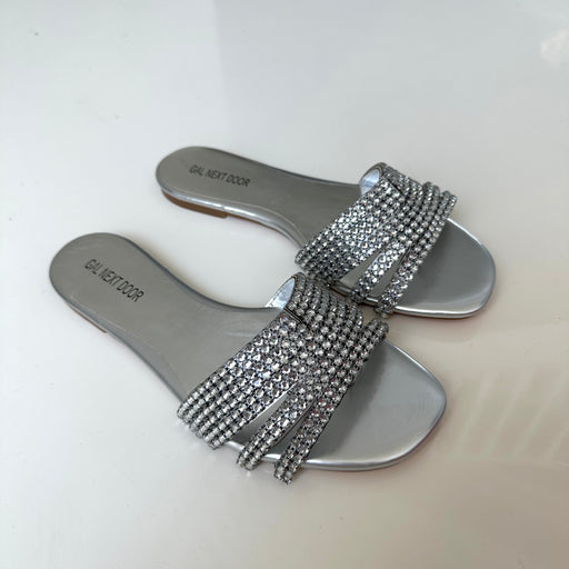 Amina - Silver With Silver Diamante Detail Slip On Sandals