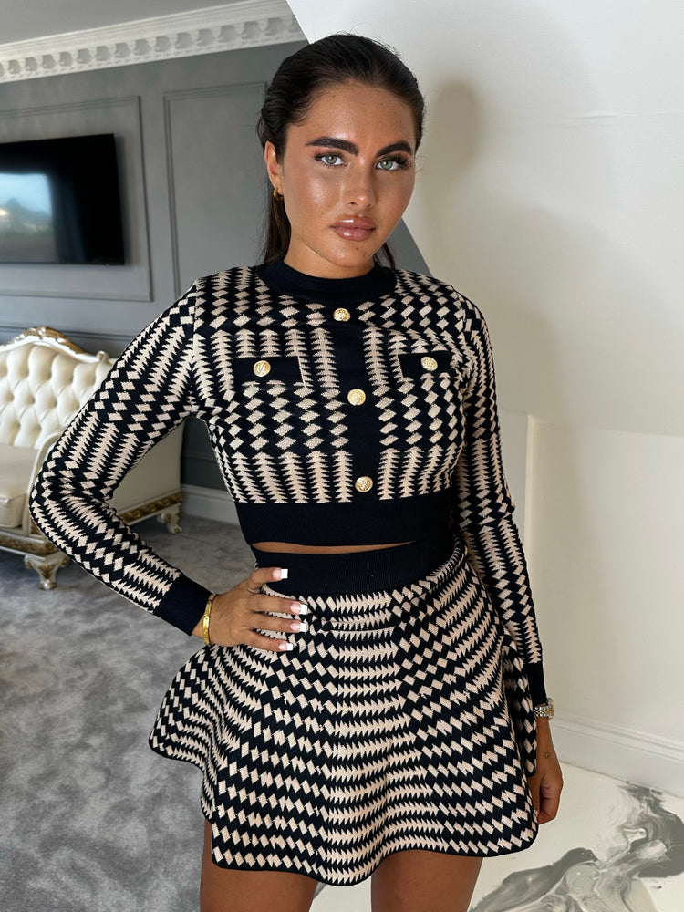 Coco - Black and Brown Printed Gold Botton Jumper and Skirt Two Piece Set