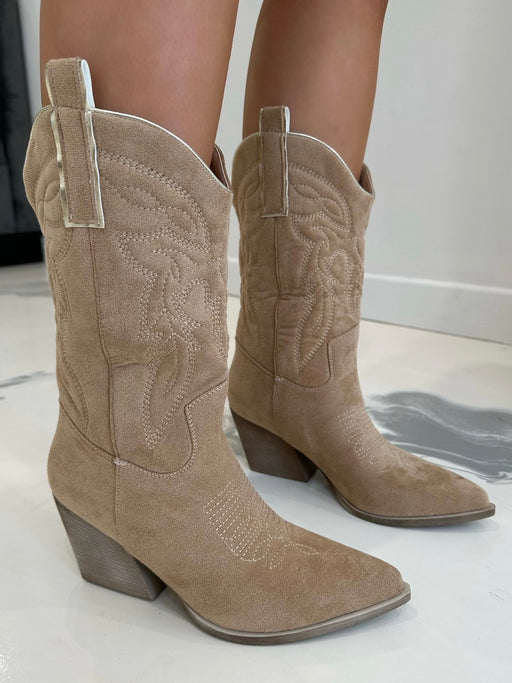 Billy - Beige Faux Suede Mid Calf Cow Bow Boots
