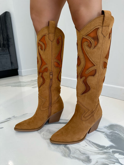 Dallas - Chestnut Suede with Mesh Detail Knee High Heeled Cow Boy Boots