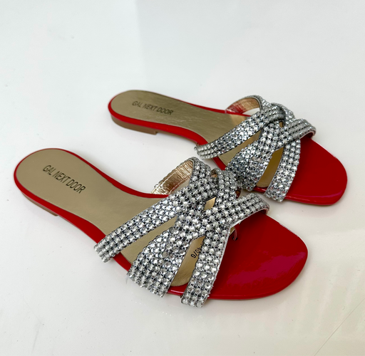 Sea - Red with Silver Crossover Diamante Detail Slip On Sandals