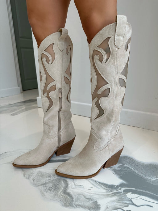 Dallas - Cream Suede with Mesh Detail Knee High Heeled Cow Boy Boots