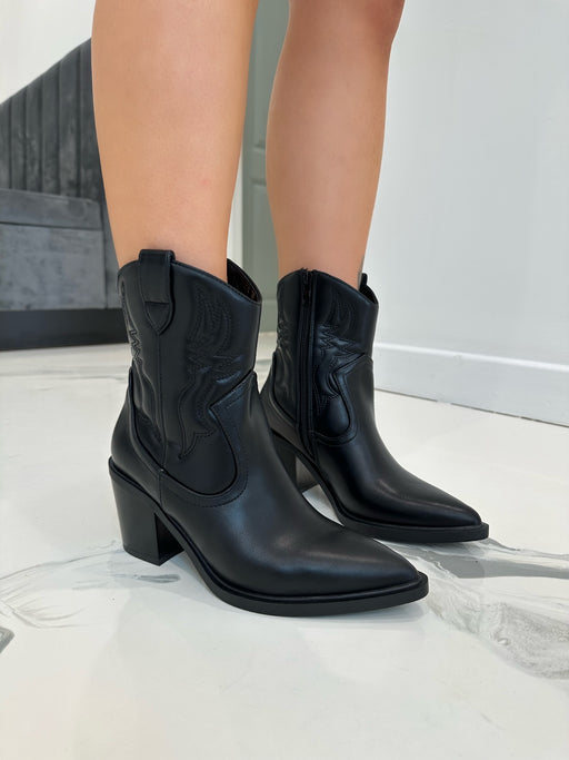Miley - Black Short Ankle Faux Leather Heeled Cow Boy Boots