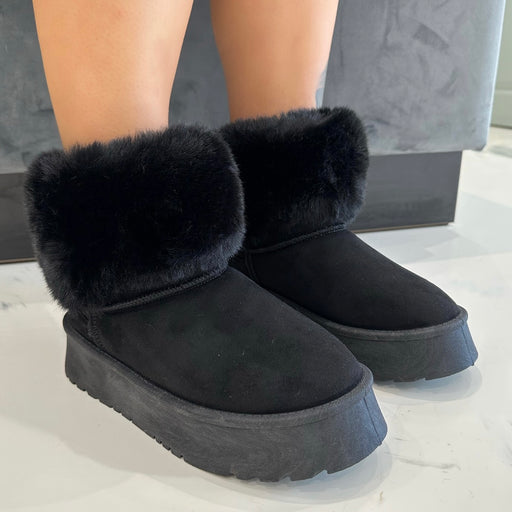 Talliah - Black Chunky Platform Faux Fur Boots