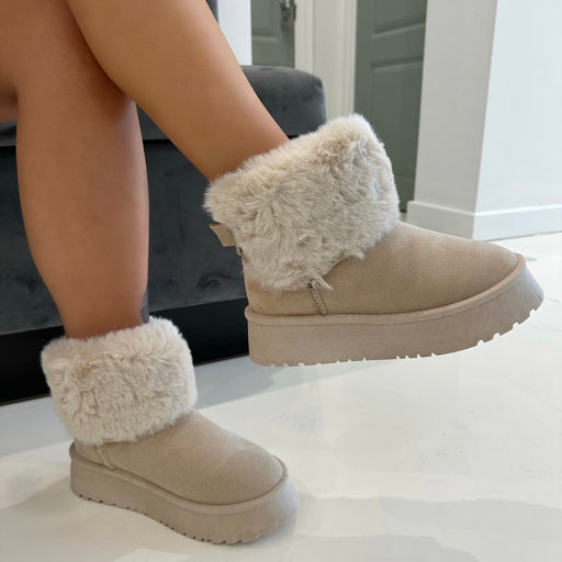 Talliah - Cream Chunky Platform Faux Fur Boots