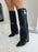Elisha - Black Faux Leather Lock Detail Knee High Block Heel Boots