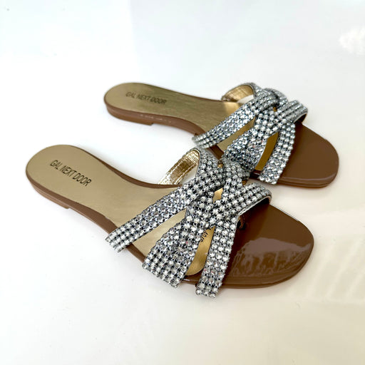 Sea - Taupe with Silver Crossover Diamante Detail Slip On Sandals