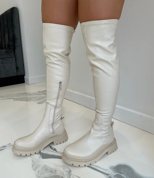 Grande - Cream Faux Leather Thigh High Boots