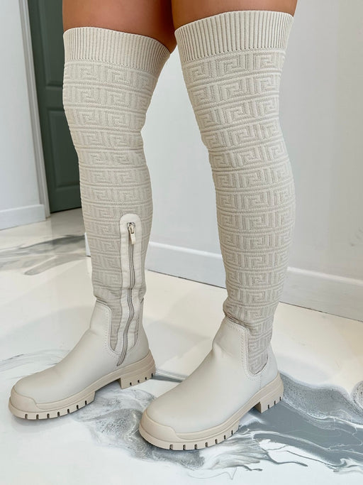Georgia - Cream Faux Leather Printed Stretch Thigh High Chunky Sole Boots