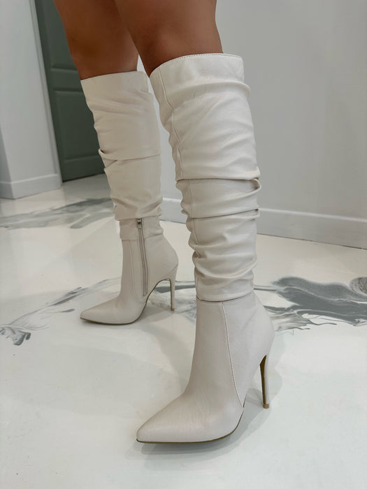 Bliss -  Cream Ruched Faux Leather Knee High Pointed Toe Heel Boots