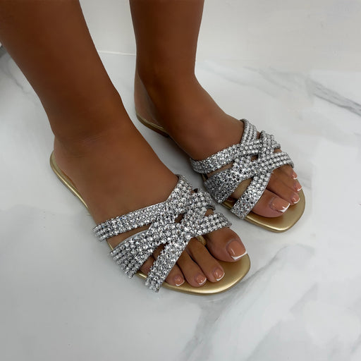 Sea - Gold with Silver Crossover Diamante Detail Slip On Sandals