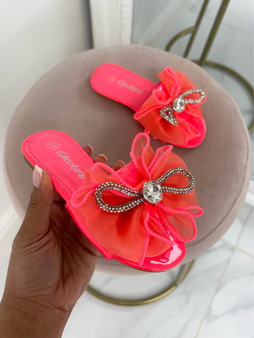 Baby Henney -  Pink Organza Bow and Silver Detail Slip On Sandals
