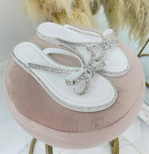 Rossi - White Diamanté Bow Flat Flip Flop Sandals