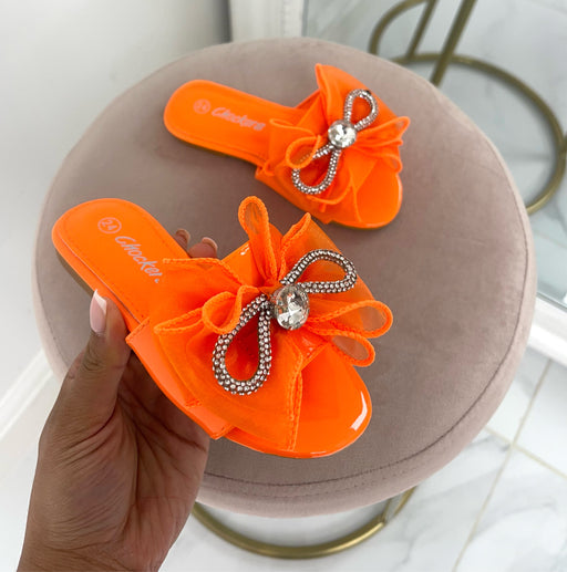 Baby Henney -  Orange Organza Bow and Silver Detail Slip On Sandals