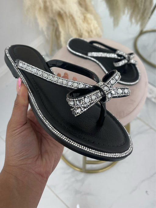 Rossi - Black Diamanté Bow Flat Flip Flop Sandals