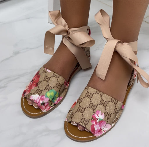 Aariya - Beige Floral Tie Up Flat Peep Toe Sandal