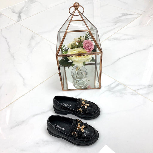 Baby Darcey - Black Pu Croc Print with Gold Tassle Detail Flat Loafer