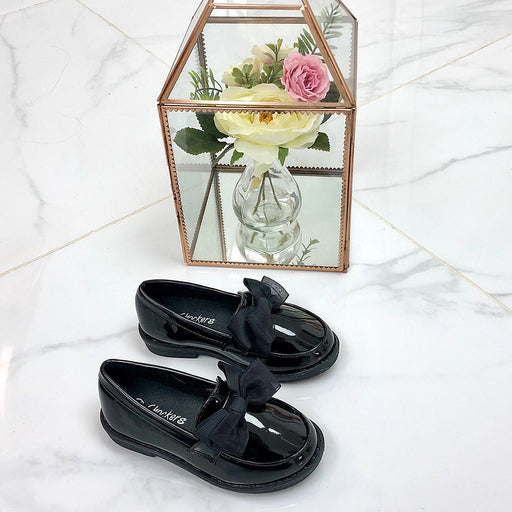Charlotte - Black Patent with Organza Bow Flat Loafer