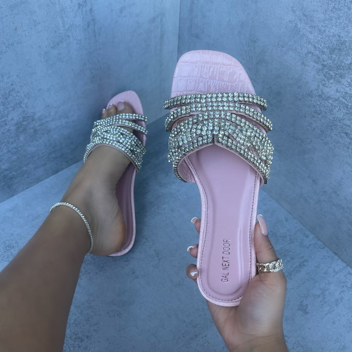 Priyanka - Pink Croc Print With Silver Diamante Detail Slip On Sandals