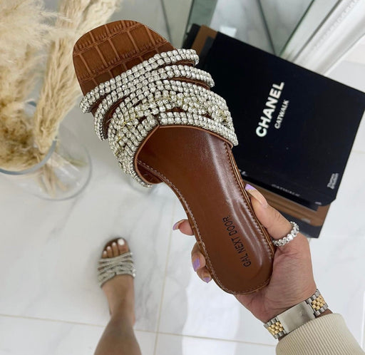 Priyanka - Brown Croc Print With Silver Diamante Detail Slip On Sandals