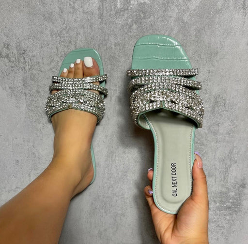 Priyanka - Aqua Blue Croc Print With Silver Diamante Detail Slip On Sandals
