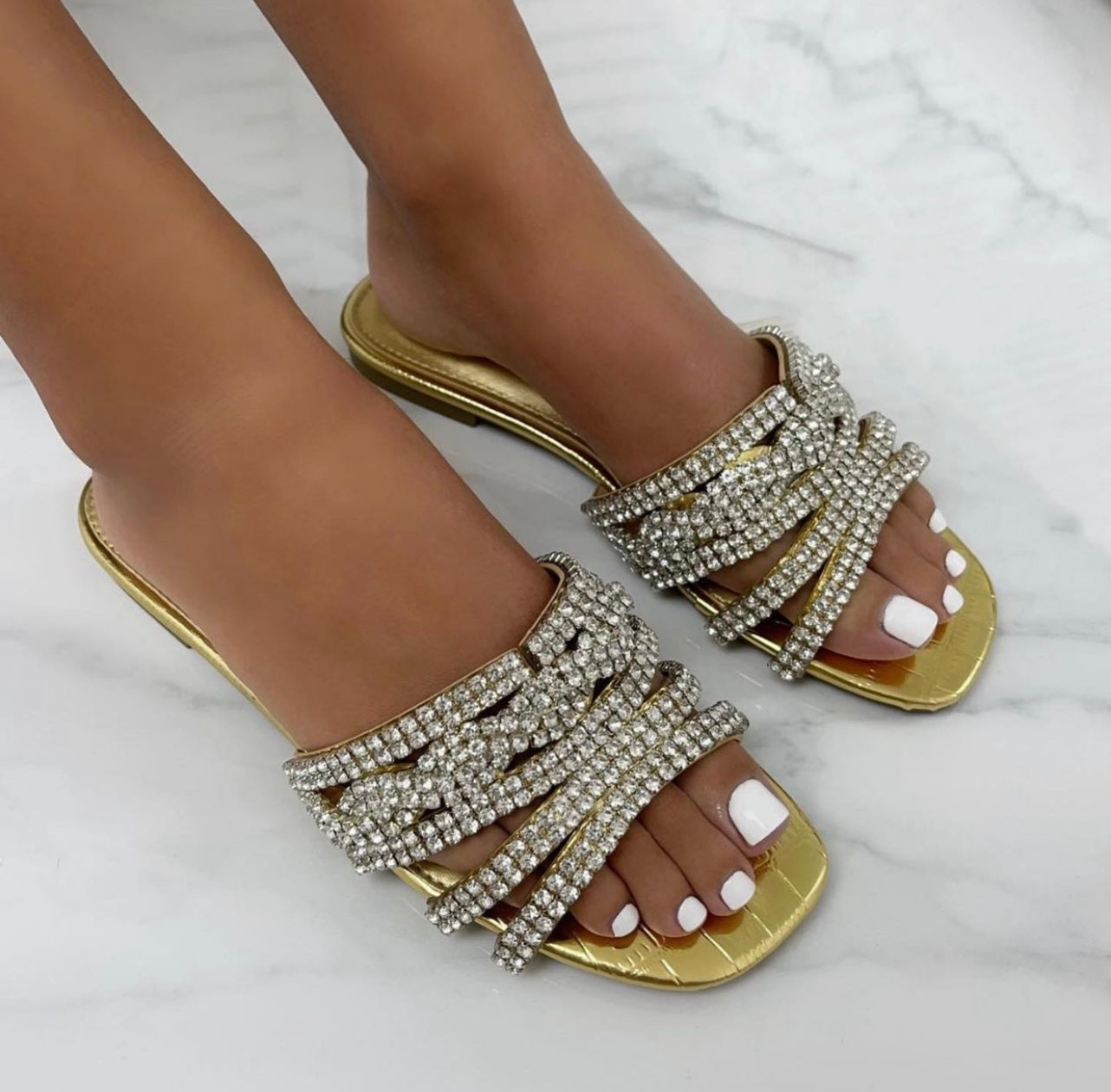 Priyanka - Gold Croc Print With Silver Diamante Detail Slip On Sandals