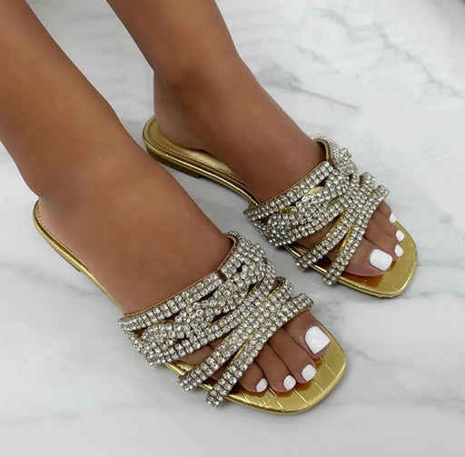 Priyanka - Gold Croc Print With Silver Diamante Detail Slip On Sandals