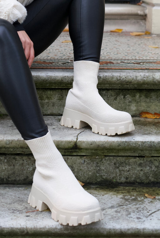 Monica - Cream Flyknit Sock Chunky Sole Ankle Boots
