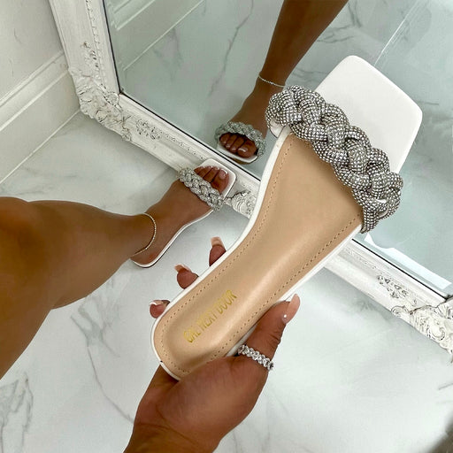 Royalty - White with Diamanté Plaited Detail Square Toe Slip On Flat Sandals