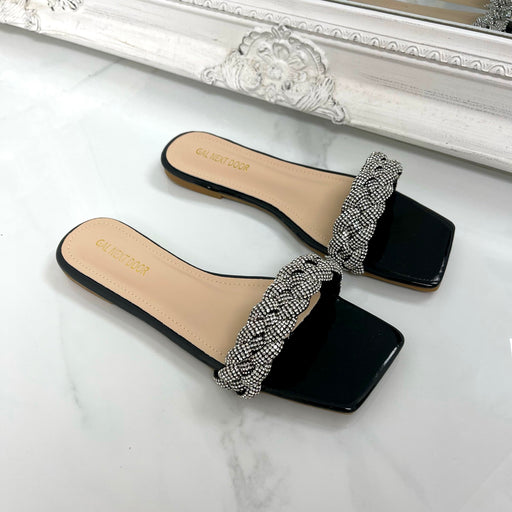 Royalty - Black with Diamanté Plaited Detail Square Toe Slip On Flat Sandals