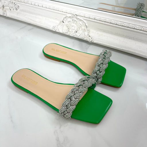 Royalty - Green with Diamanté Plaited Detail Square Toe Slip On Flat Sandals