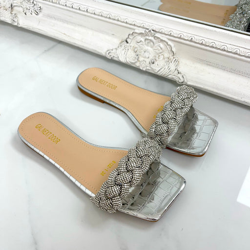 Royalty - Silver with Diamanté Plaited Detail Square Toe Slip On Flat Sandals