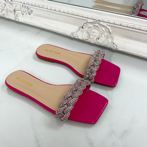 Royalty - Pink with Diamanté Plaited Detail Square Toe Slip On Flat Sandals