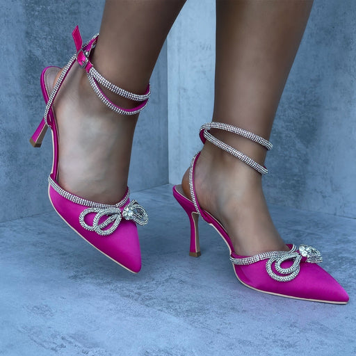 Francesca - Pink Wrap Around Diamante Bow Pointed Toe Mid Heels