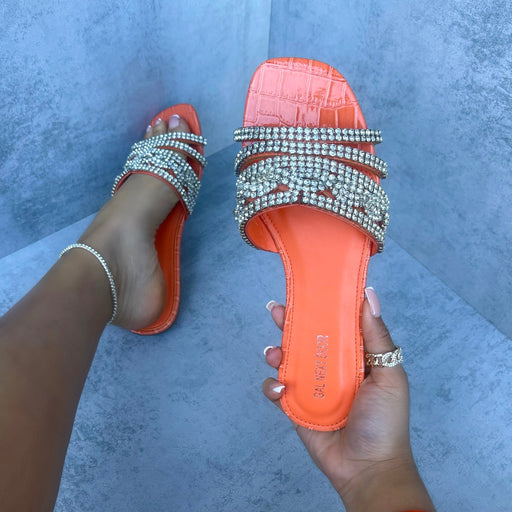 Priyanka - Orange Croc Print With Silver Diamante Detail Slip On Sandals