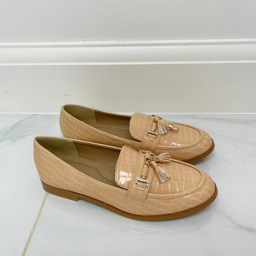 Darcey - Nude Patent with Gold Tassel Detail Flat Loafer Shoes