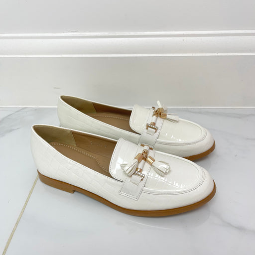 Darcey - White Patent with Gold Tassel Detail Flat Loafer Shoes