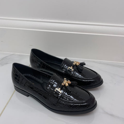Darcey - Black Patent with Gold Tassel Detail Flat Loafer Shoes