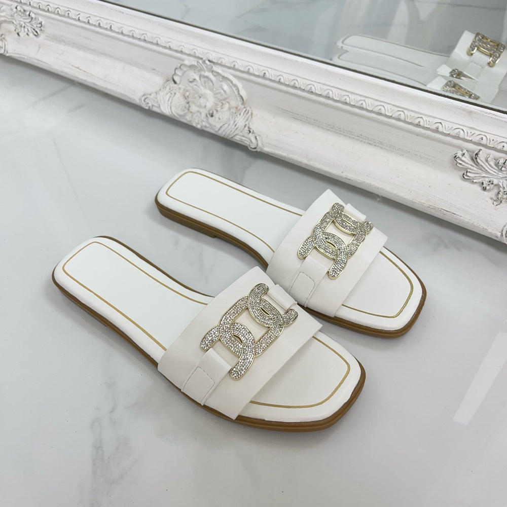 Pixie - White With Diamante Detail Slip On Sandals