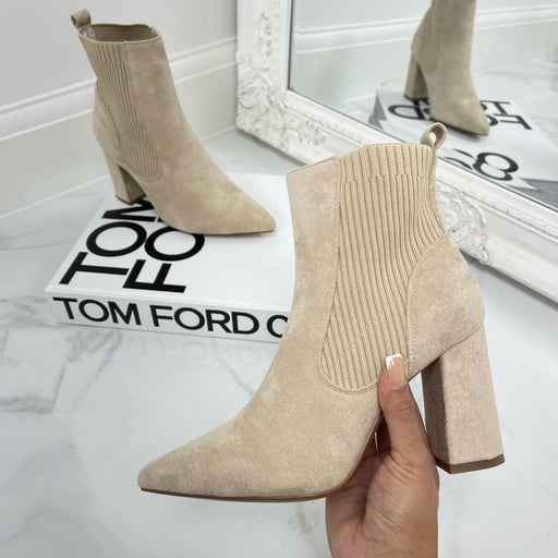 Kelsey - Beige Suede Ribbed Gusset Pointed Toe Block Heel Ankle Boots