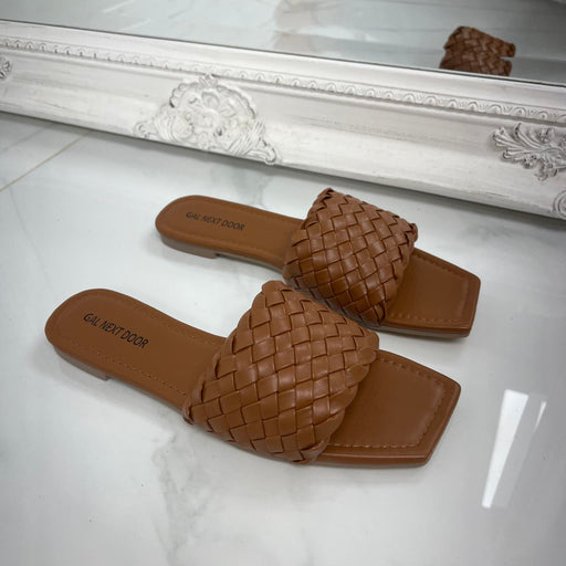 Elsie - Brown Woven Detail Square Toe Flat Slip On Sandals