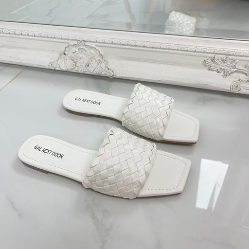 Elsie - White Woven Detail Square Toe Flat Slip On Sandals
