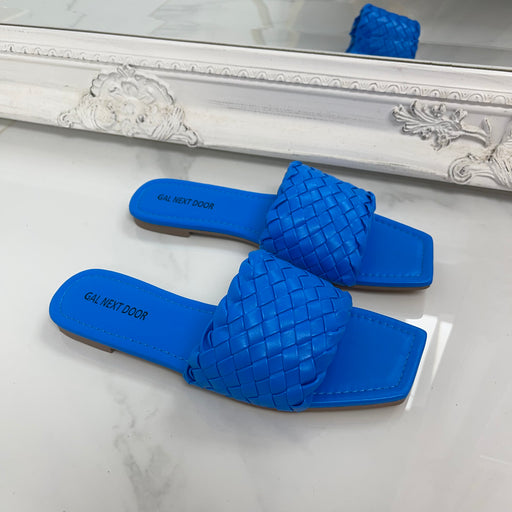 Elsie - Blue Woven Detail Square Toe Flat Slip On Sandals