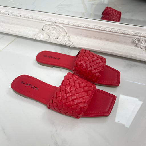 Elsie - Red Woven Detail Square Toe Flat Slip On Sandals