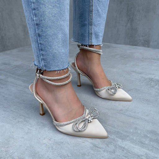 Francesca - Cream Wrap Around Diamante Bow Pointed Toe Mid Heels