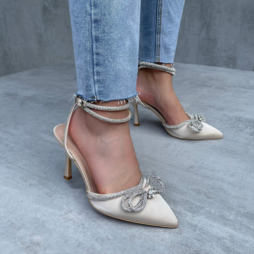 Francesca - Cream Wrap Around Diamante Bow Pointed Toe Mid Heels