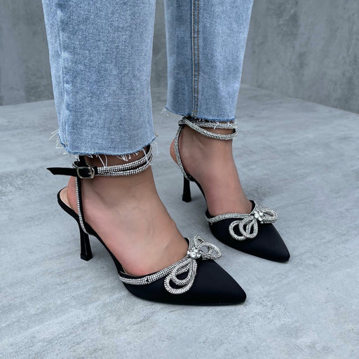 Francesca - Black Wrap Around Diamante Bow Pointed Toe Mid Heels