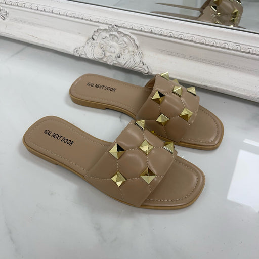 Afia - Nude Gold Studs Quilted Sandals