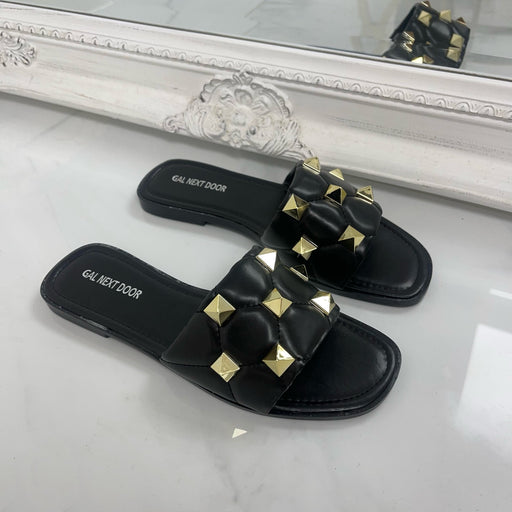 Afia - Black Gold Studs Quilted Sandals