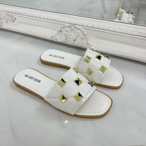Afia - White Gold Studs Quilted Sandals